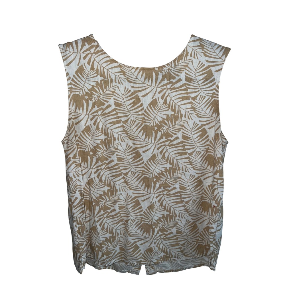 Tropical Linen Blend Tank Top Palm Leaf Print Resortwear Button Back Tan White M